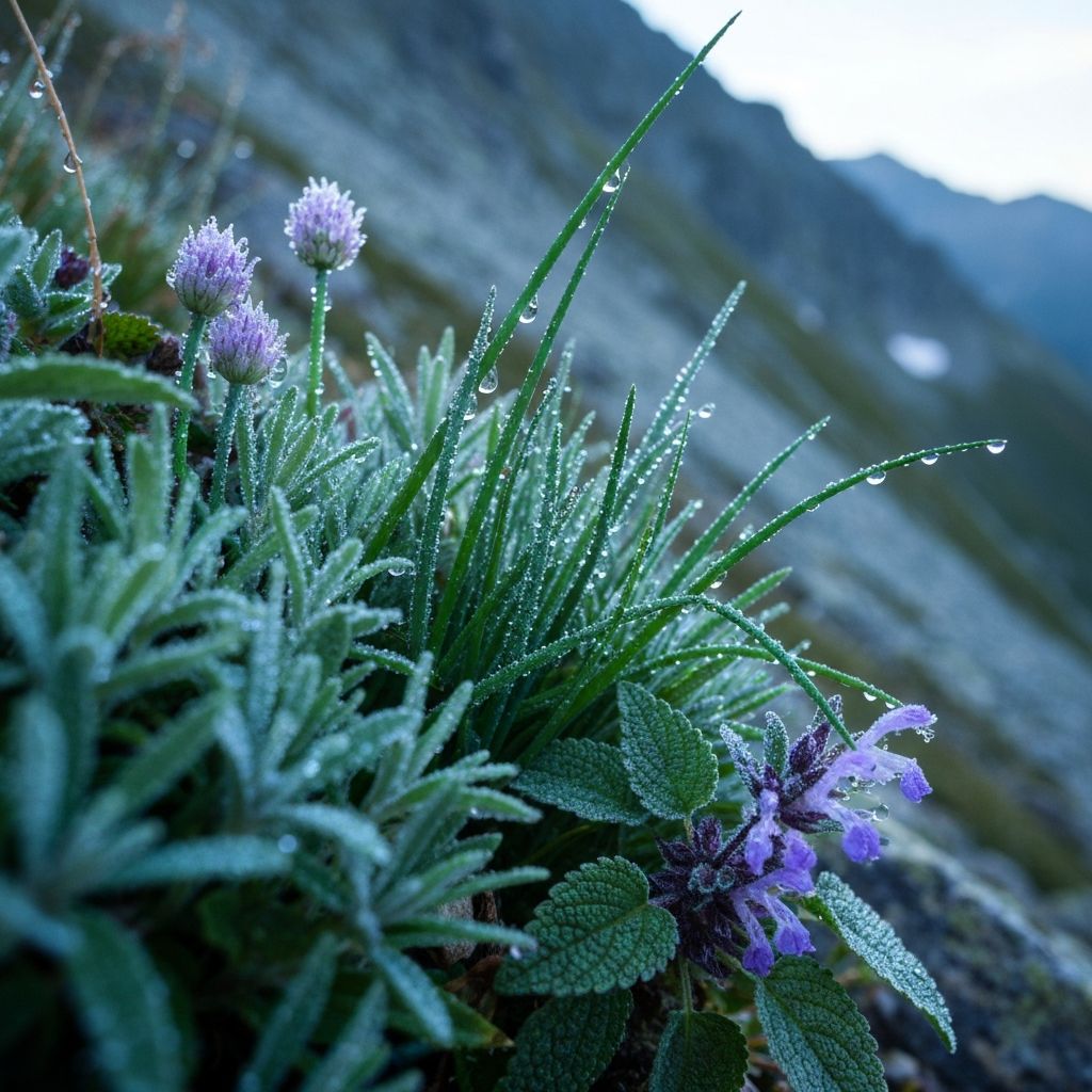 Alpine Kräuter mit Morgentau